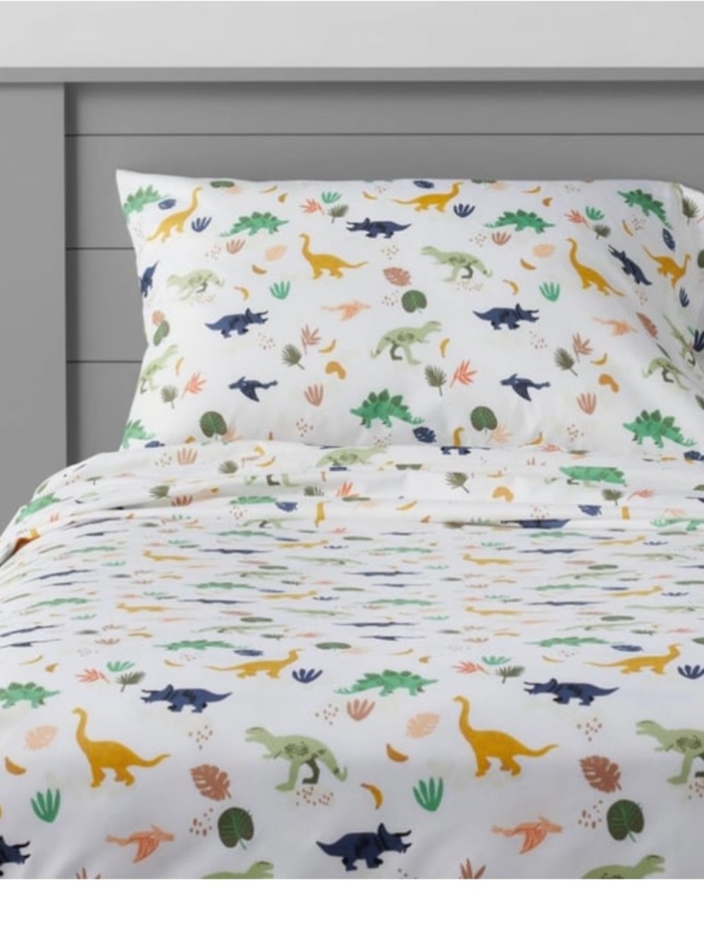 Pillowfort Kids White Dino Print FULL Sheet Set Green, Yellow & Navy Dinosaurs.
